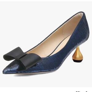 XYD Women Mid Golden Heel Slip On Pumps Bling Sequins Closed Pointy Toe Bow Knot